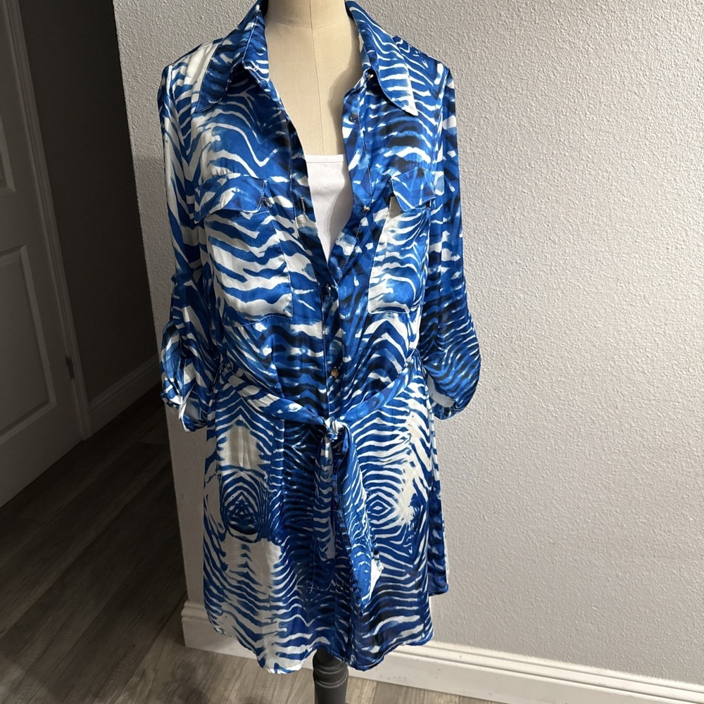 CACHE Blue Zebra Print Beachy‎ Dress SMALL Roll Tab Sleeves Attached Tank